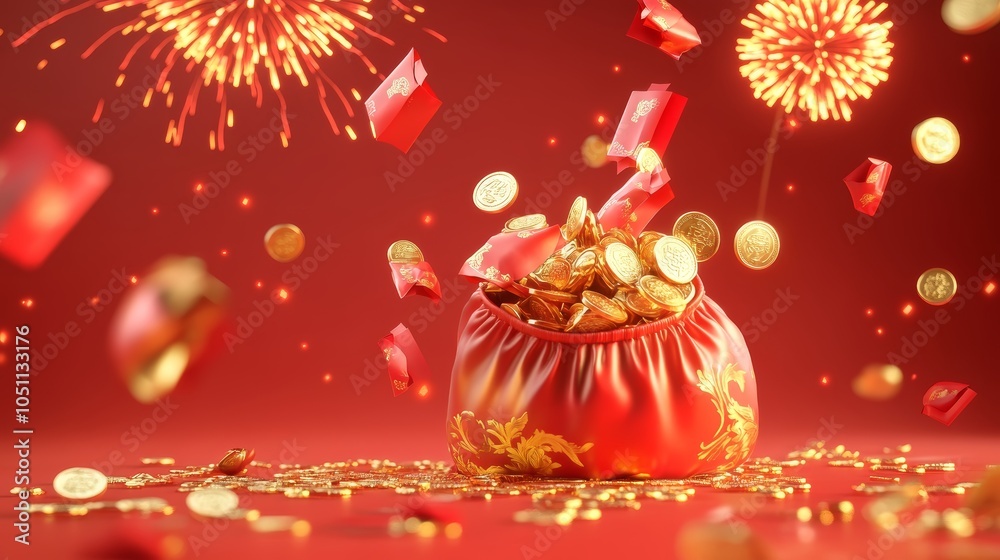 Chinese New Year Fortune Bag with Gold Coins and Firework Background Chinese New Year Fortune Bag with Gold Coins and Firework Background