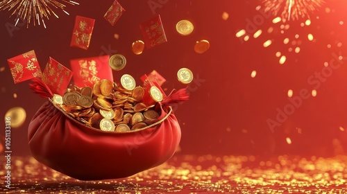Chinese New Year Fortune Bag with Gold Coins and Red Envelopes