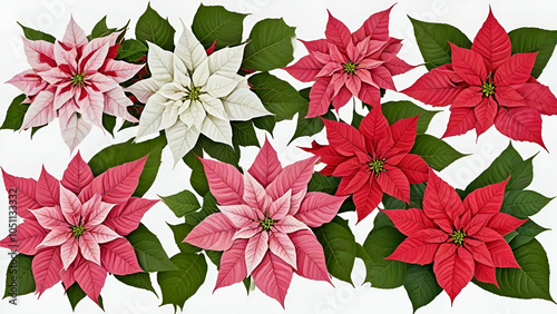 vibrant collection of poinsettia flowers in various shades of red and pink lush green leaves provide contrast arranged in an elegant bouquet against a crisp white background
