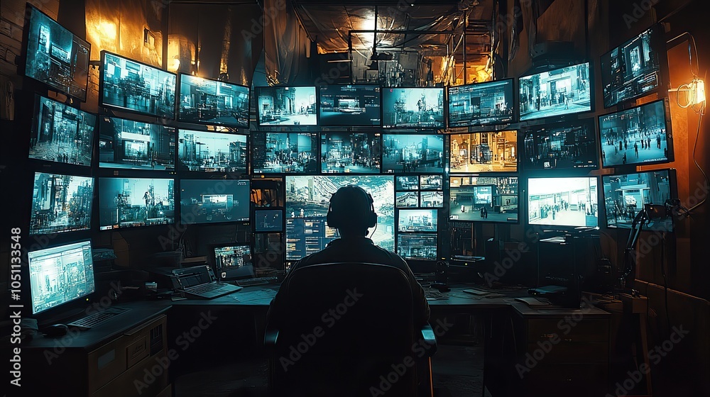 dark security control room with multiple monitors displaying live footage, emphasizing the sophistication of surveillance.illustration