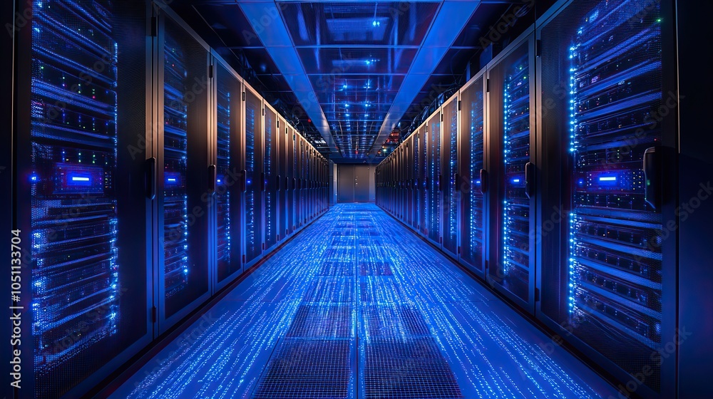 Fototapeta premium dat center filled with black and blue server racks, with digital lines illuminating the floor in abstract patterns.stock photo