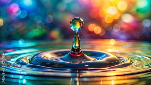 A single water droplet descends, creating colorful ripples in the liquid surface, illuminated by a vibrant abstract backdrop.