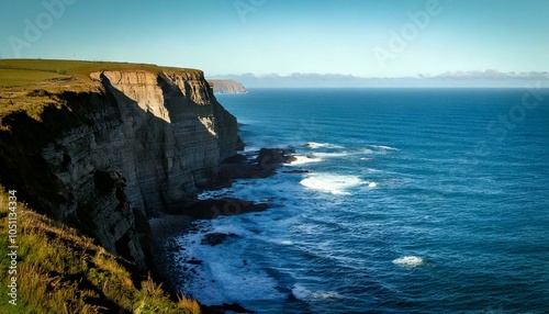 Majestic cliffs rise above a deep blue ocean, with waves crashing along the rocky coastline under a clear sky.