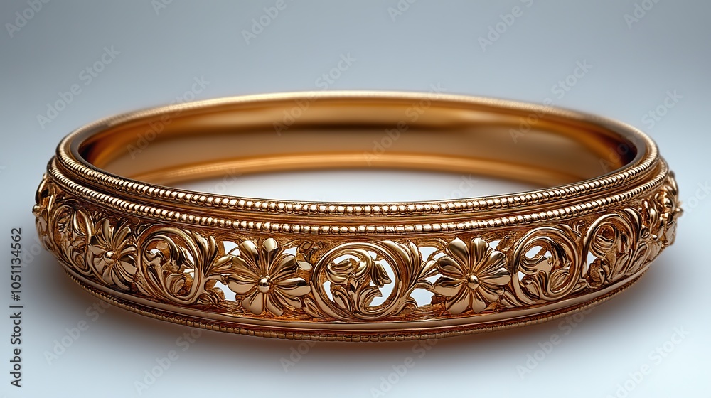 delicate Indian gold bangle is displayed in isolation, emphasizing its elegance against white background.stock photo delicate Indian gold bangle is displayed in isolation, emphasizing its elegance against white background.stock photo