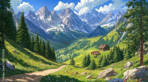 A picturesque mountain scene with a cozy cabin nestled among pine trees, offering a stunning view of the surrounding peaks.