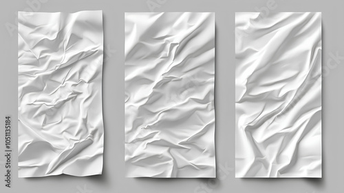 crumpled and wrinkled white paper mockups Includes creased blank vertical sheets and empty folded cardboard banners with a rumpled surface 