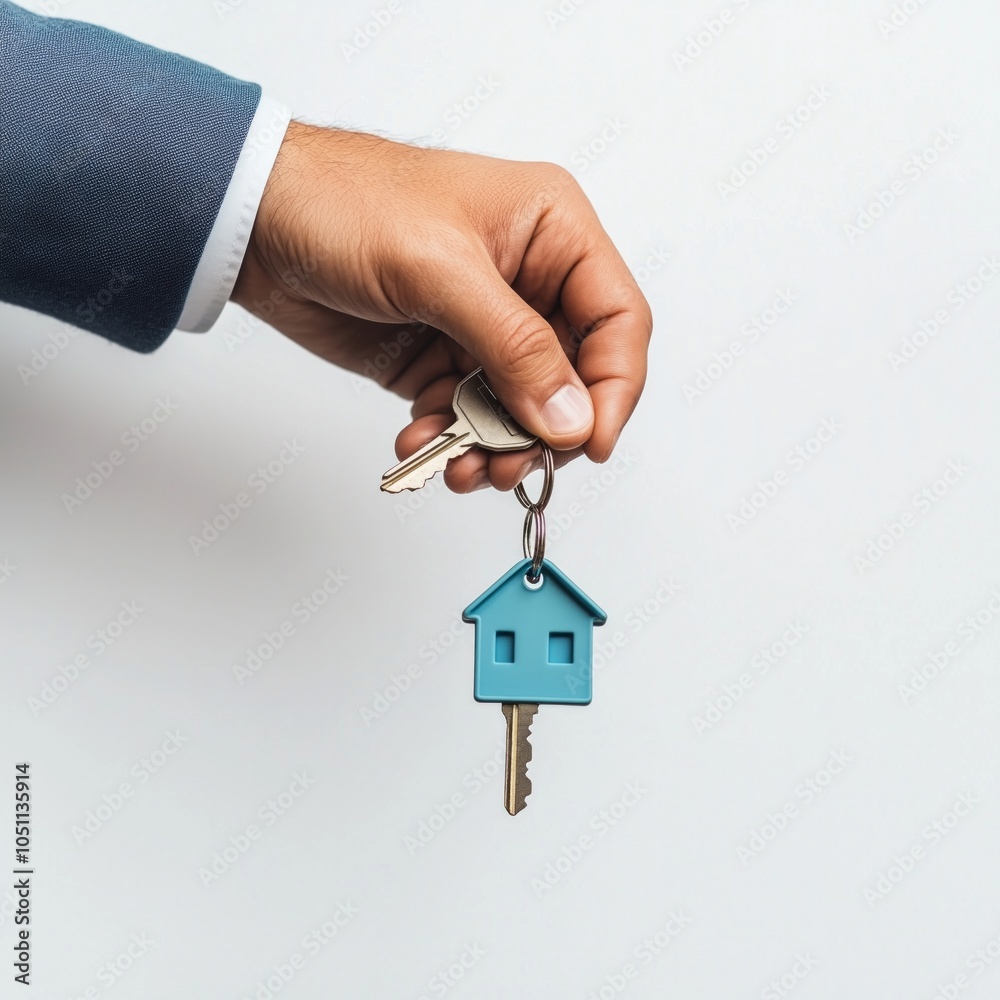 Hand holding house keychain - real estate and home ownership concept Hand holding house keychain - real estate and home ownership concept