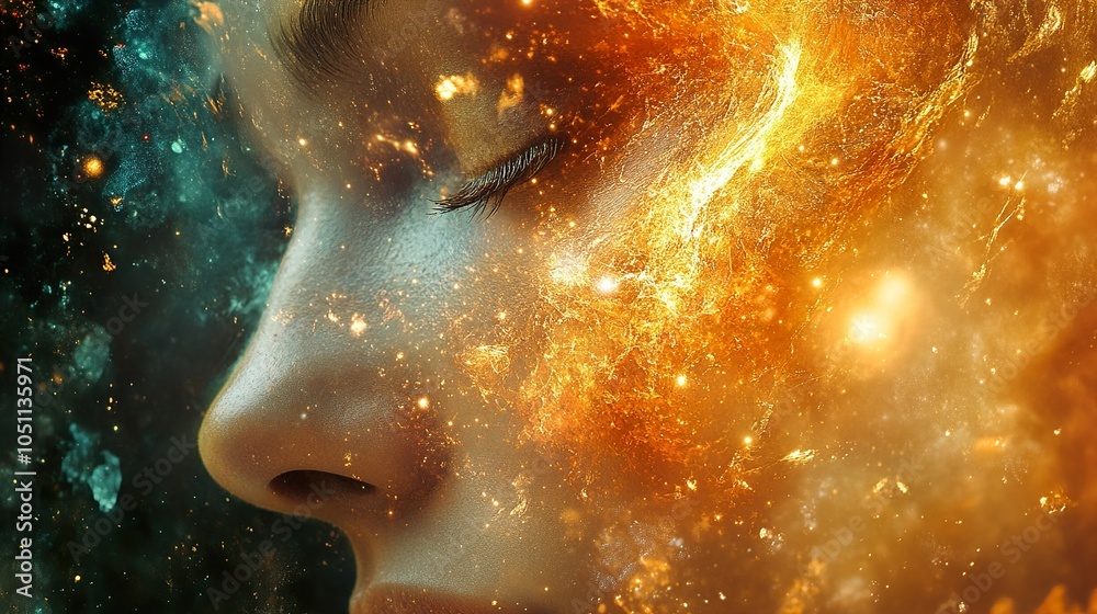 Cosmic Dreams: A Surreal Portrait in Gold and Blue Cosmic Dreams: A Surreal Portrait in Gold and Blue