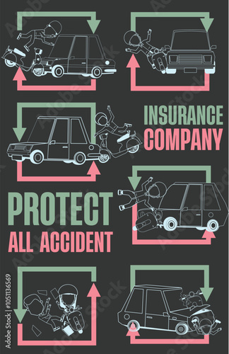 Man and motorcycle collide with of car. Accident Protection Plan: Insurance Company Ad Graphic.