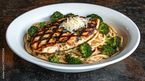 A rich and creamy Alfredo pasta with broccoli and grilled chicken, topped with fresh parsley and Parmesan shavings.