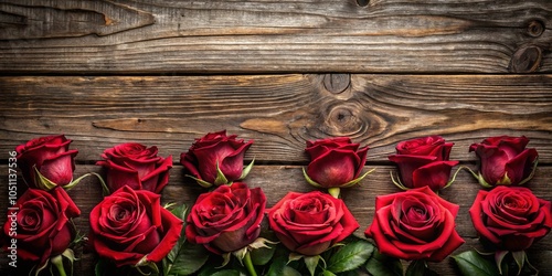 A row of crimson roses arranged on a rustic wooden surface, creating a romantic and elegant backdrop.