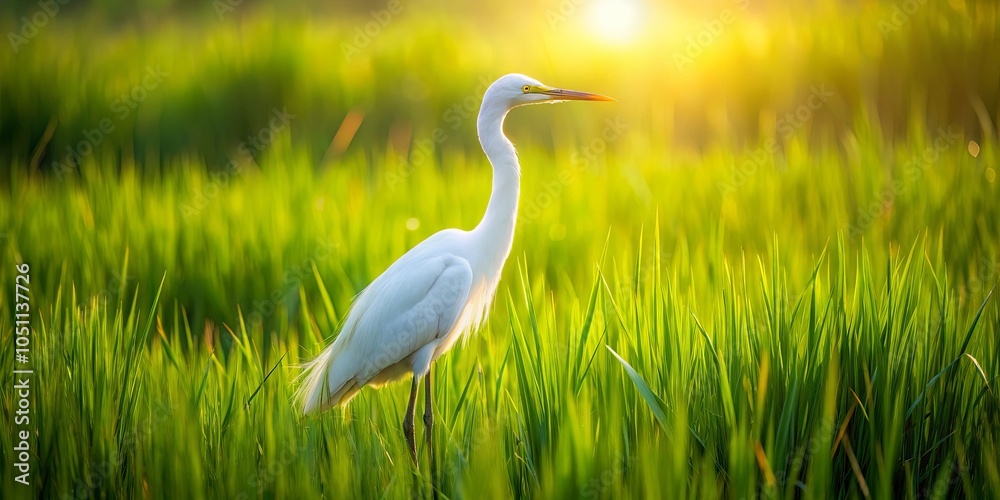 Obraz premium A white bird with a long beak stands in a field of lush green grass, illuminated by the warm glow of the setting sun.