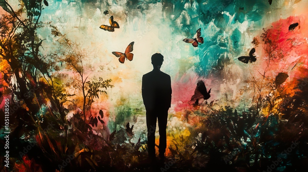 A Man in a Dreamlike Forest with Butterflies A Man in a Dreamlike Forest with Butterflies