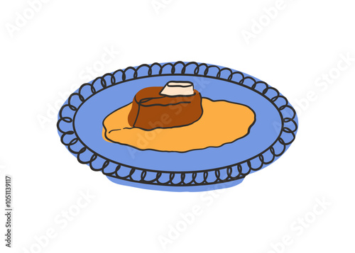 Italian Ossobuco in a flat style. Dish in a deep plate with ornament, handmade ceramics. Colorful bright vector illustration in modern style isolated on a white background
