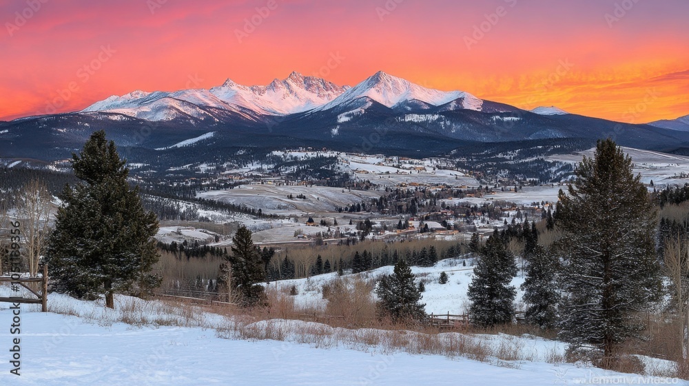 A serene view of a mountain ridge at sunset, with the sky painted in hues of pink and orange reflecting off the snow. A serene view of a mountain ridge at sunset, with the sky painted in hues of pink and orange reflecting off the snow.