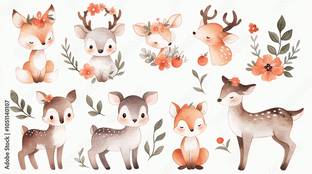 Fototapeta Illustrations of small animals in the forest, including deer, foxes, and rabbits