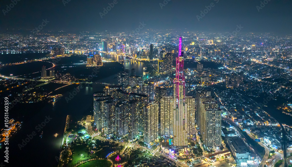 Obraz premium Landmark 81 Vinhomes Central Park, Ho Chi Minh City, Vietnam. Night beautiful wallpaper Beautiful panoramic city