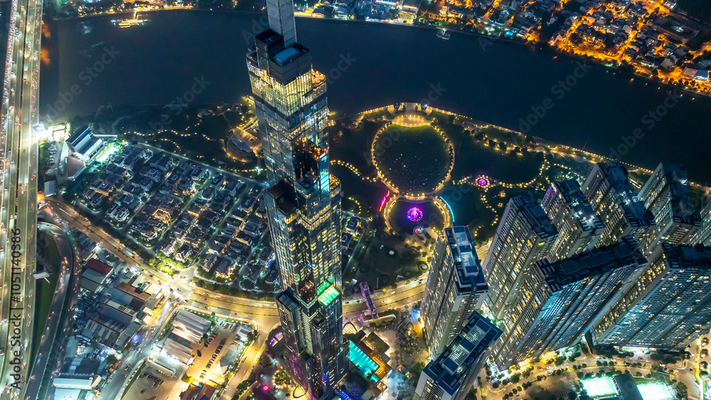 Landmark 81 Vinhomes Central Park, Ho Chi Minh City, Vietnam. Night beautiful wallpaper Beautiful panoramic city
