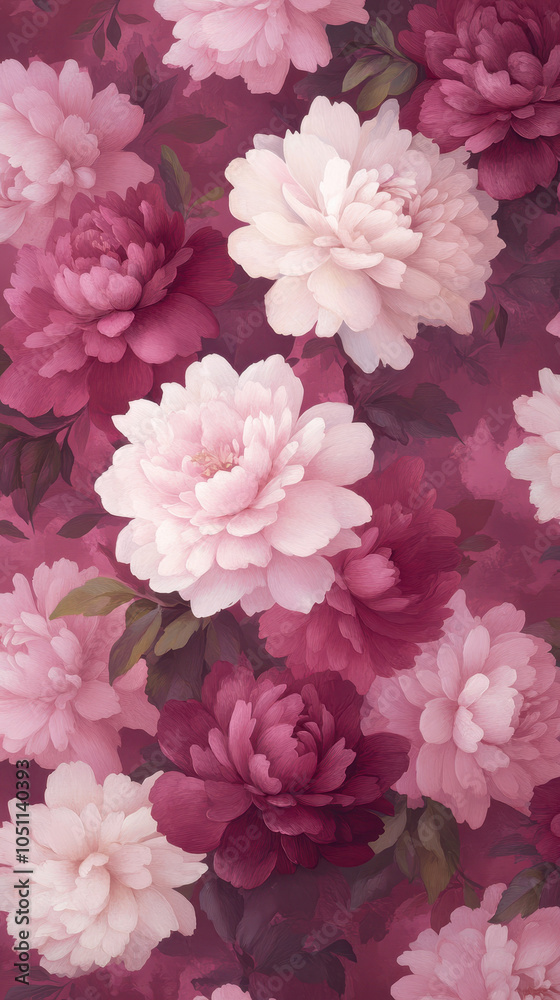 Fototapeta premium Beautiful floral pattern featuring peonies in shades of pink and burgundy, creating vibrant and elegant design. Perfect for backgrounds or textile prints