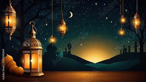 Background design with ramadan theme, with illustrations lanterns