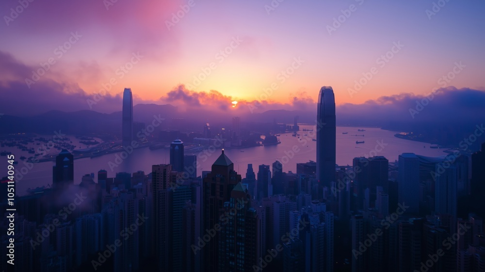 Fototapeta premium City skyline dawn silhouetted skyscrapers rising overlapping high-rise architecture. AI generated