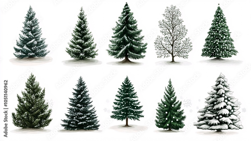 Fototapeta premium 2410 40.A collection of Christmas trees, drawn in varying styles and shapes, on a white background. The trees include both detailed evergreen representations and more simplified, modern designs,