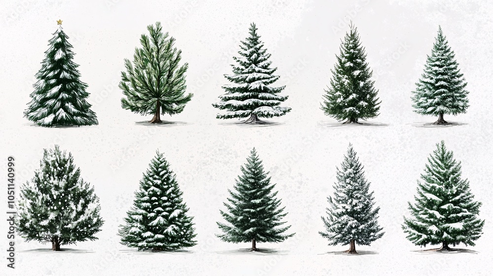 Fototapeta premium 2410 40.A collection of Christmas trees, drawn in varying styles and shapes, on a white background. The trees include both detailed evergreen representations and more simplified, modern designs,