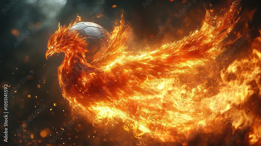 fiery phoenix bird decorates soccer ball on dark background, representing football championship excitement and sports betting.illustration fiery phoenix bird decorates soccer ball on dark background, representing football championship excitement and sports betting.illustration