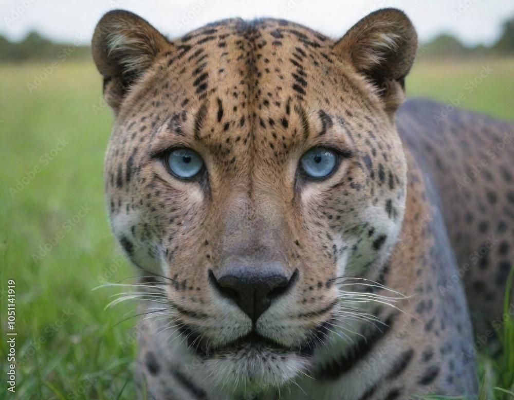 Naklejka premium blue jaguar with blue eyes is in the grass.