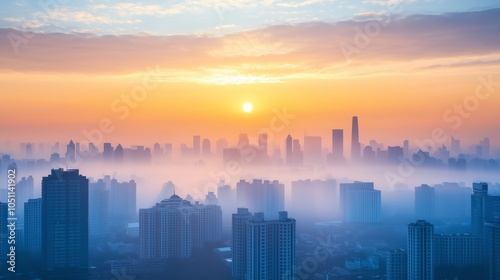 City skyline dawn silhouetted skyscrapers rising overlapping high-rise architecture. AI generated