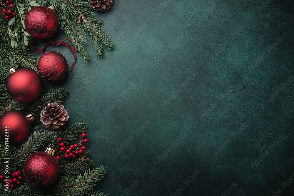 Aerial shot of Christmas gifts, baubles, ornaments, and pine leaves against an emerald-green backdrop Aerial shot of Christmas gifts, baubles, ornaments, and pine leaves against an emerald-green backdrop