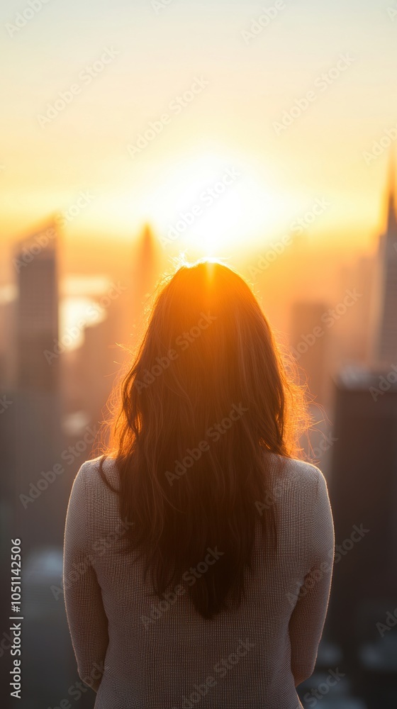A woman stands with her back to the camera, watching a stunning sunset illuminating the city skyline in warm golden tones A woman stands with her back to the camera, watching a stunning sunset illuminating the city skyline in warm golden tones