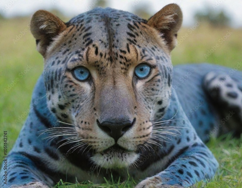Naklejka premium blue jaguar with blue eyes is in the grass.