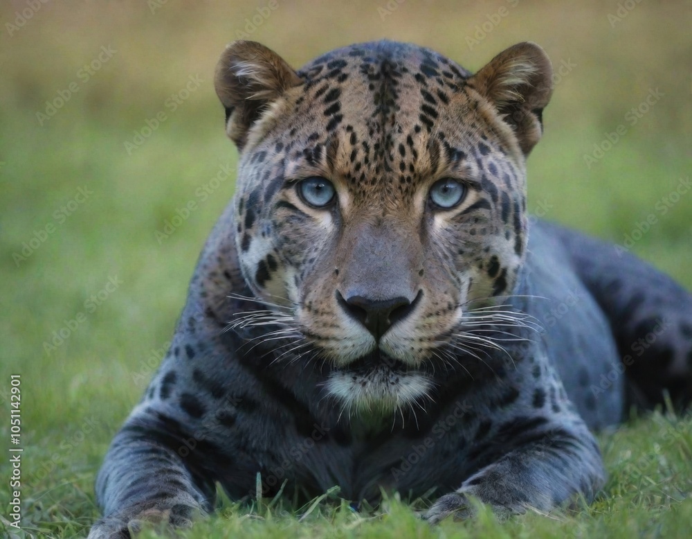 Naklejka premium blue jaguar with blue eyes is in the grass.