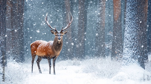 2410 108.A red deer standing in a snow-covered forest, surrounded by tall trees and falling snow. The quiet, magical winter setting creates a fairytale-like atmosphere as the deer calmly surveys the