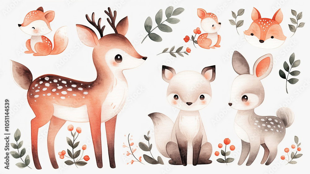 Naklejka premium Illustrations of small animals in the forest, including deer, foxes, and rabbits