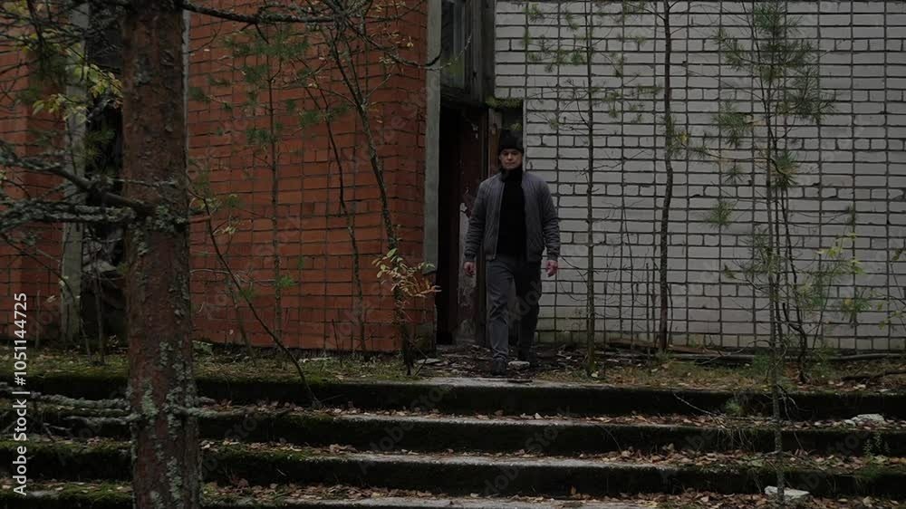 Caucasian teenager comes out of a neglected building. gloomy cloudy autumn weather, dark slow-motion video. Caucasian teenager comes out of a neglected building. gloomy cloudy autumn weather, dark slow-motion video.