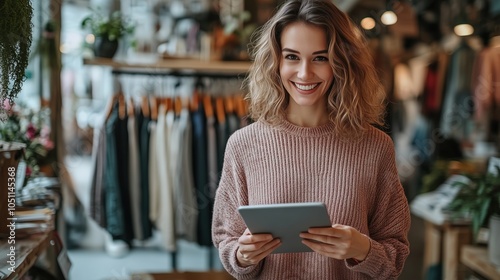 Fashion store owner using tablet in clothing boutique. Smiling fashion store owner holds a tablet in a stylish clothing boutique with racks of clothing and plants in the background.