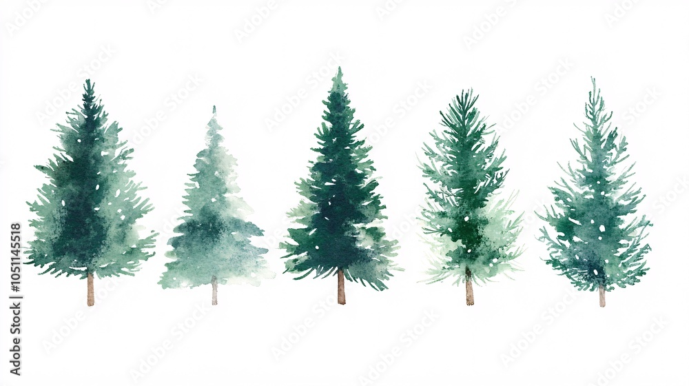 Fototapeta premium 2410 33.A set of watercolor Christmas trees painted with vibrant green hues, ranging from deep evergreen to lighter shades. The delicate brushstrokes create a soft texture, and some trees feature