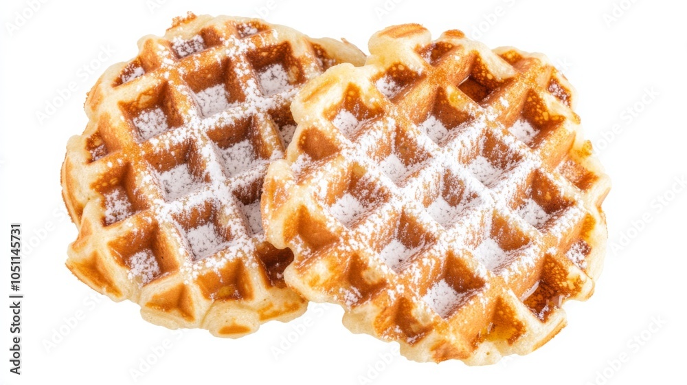 Waffles with Powdered Sugar and Syrup on Isolated Background Waffles with Powdered Sugar and Syrup on Isolated Background