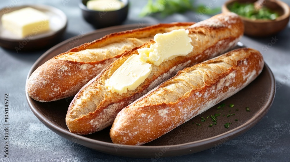 Warm Baguettes Served with Butter in Rustic Style Warm Baguettes Served with Butter in Rustic Style