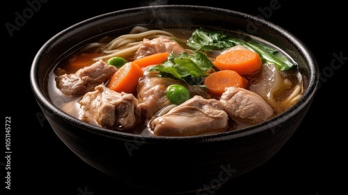 A steaming bowl of chicken noodle soup, highlighting the tender chicken, vegetables, and noodles in flavorful broth.