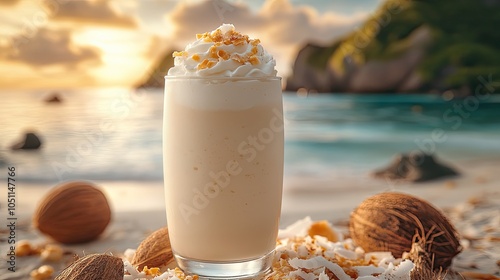 glass of milkshake with coconut syrup and vanill ice cream on blurred tropical beach background, representing sweet dessert drinks, perfect for vacation banners, or restaurant menus.image photo