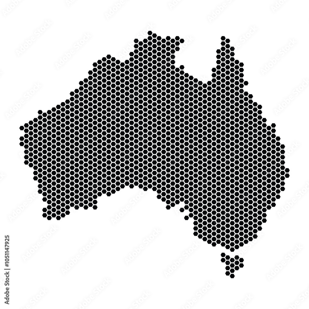 Fototapeta premium Australia map. Honeycomb pattern texture. Black geographic scheme on white background. Hexagon pixel. Vector illustration.