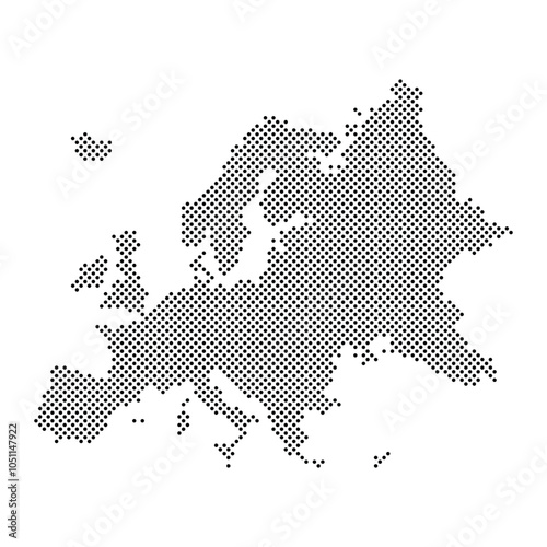 Halftone dotted Europe map. Dot pattern texture. Black geographic map on white background. Territory scheme. Vector illustration.