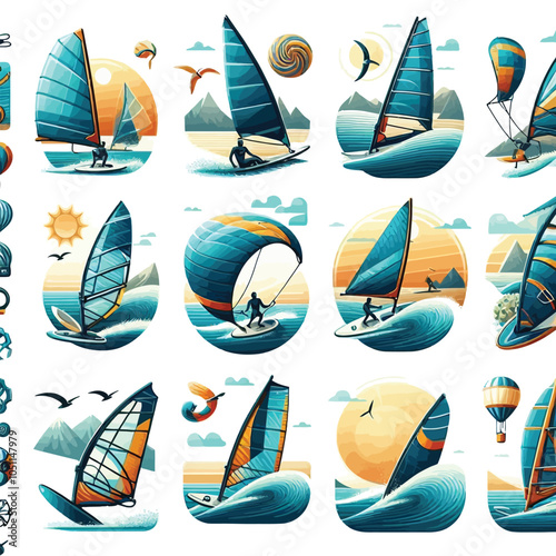 Windsurfing element set vector