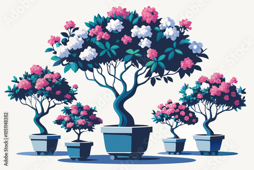 Azalea trees in pots isolated on a white background 