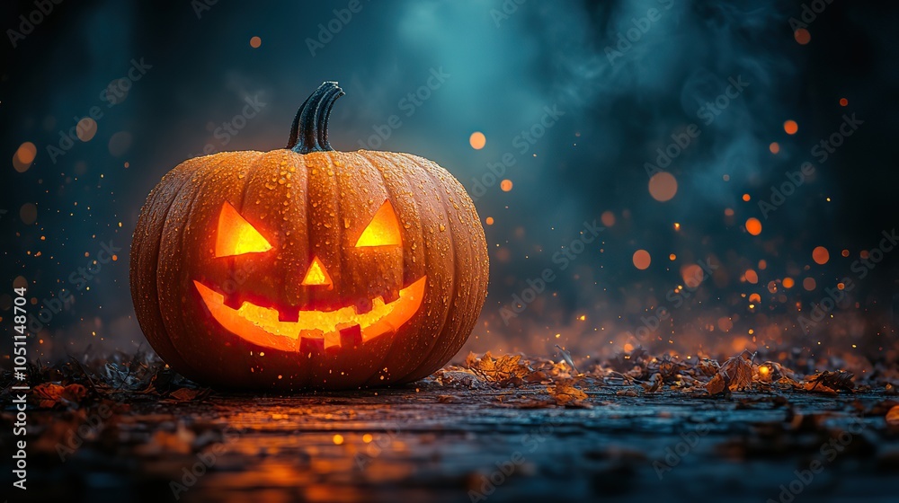 Naklejka premium glowing pumpkin on wooden table against foggy background, perfect for Halloween product display.stock photo