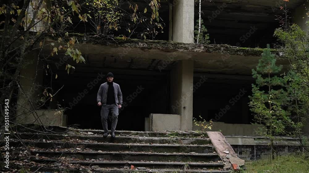 20-year-old man walks out of a destroyed building, leaving darkness and danger behind. he descends the old decayed steps and looks back anxiously. 20-year-old man walks out of a destroyed building, leaving darkness and danger behind. he descends the old decayed steps and looks back anxiously.