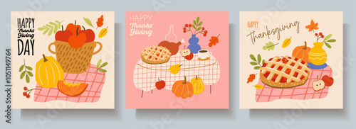 Thanksgiving day greeting card, flyer  or poster, cute composition with harvest, pumpkin, berries, fruits, leaves, template , vector illustration